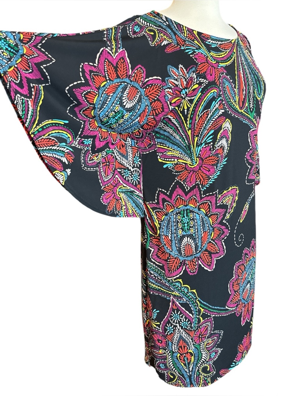 Trina Turk Black Multicolor Floral Paisley Kimono Sleeve Tunic Dress Size Medium